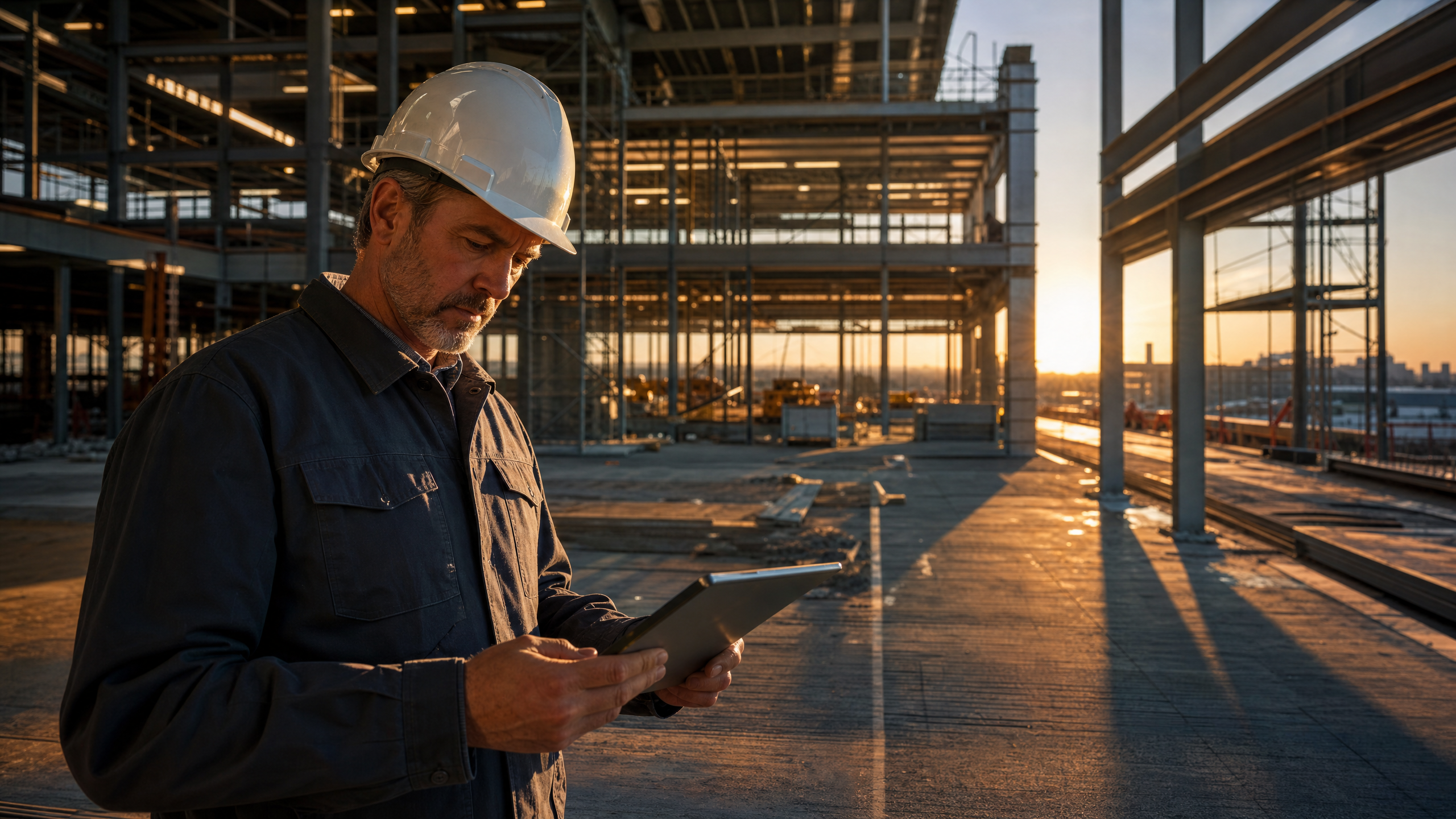 General contractor reviewing project on tablet at job site — construction bookkeeping services Florida