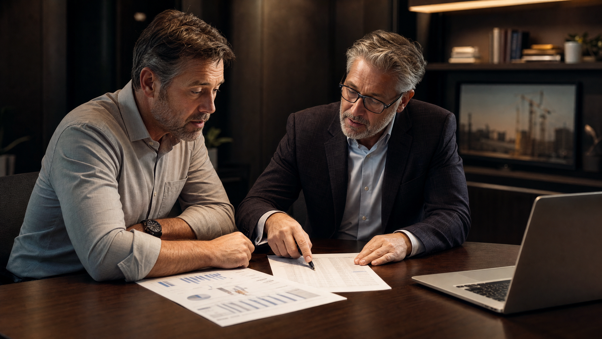 Financial advisor pointing to profit leak discovery in contractor financial report