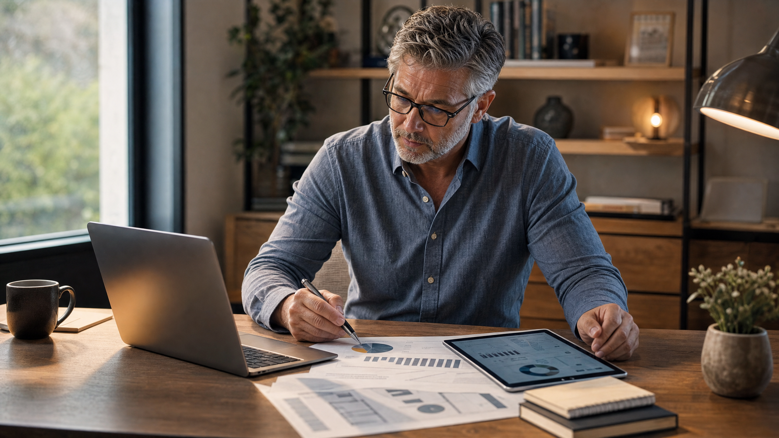 Contractor reviewing financial analysis results