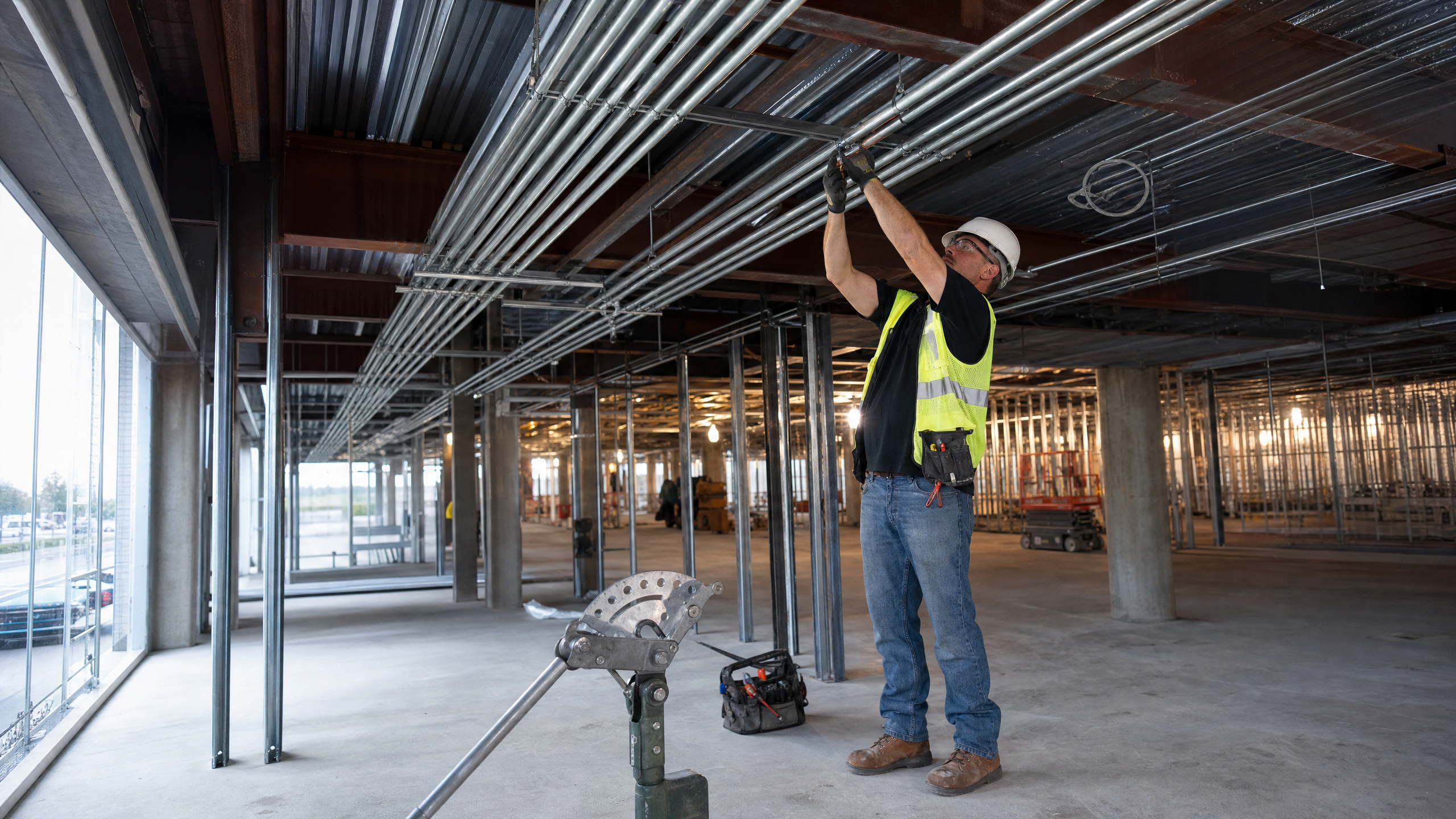 Electrician installing conduit in large commercial building — electrical contractor bookkeeping Florida
