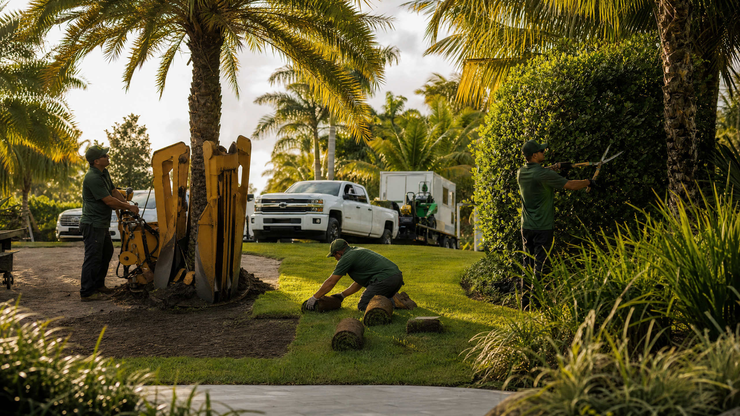 Professional landscaping crew installing sod and trimming hedges in Florida — landscaping bookkeeping services