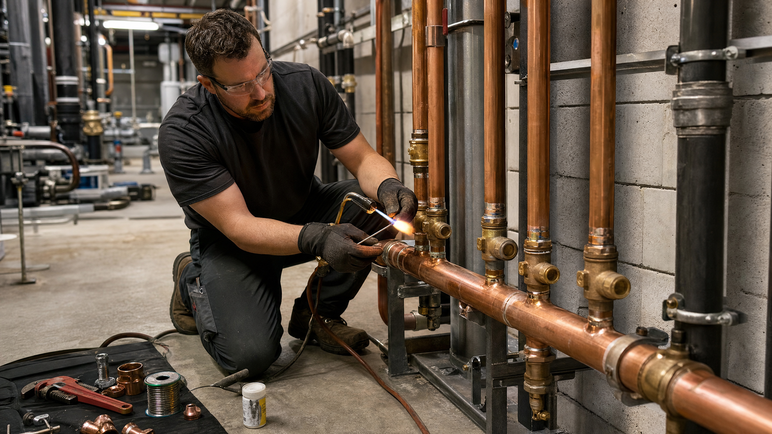Licensed plumber soldering copper pipe in commercial building — plumbing bookkeeping Florida