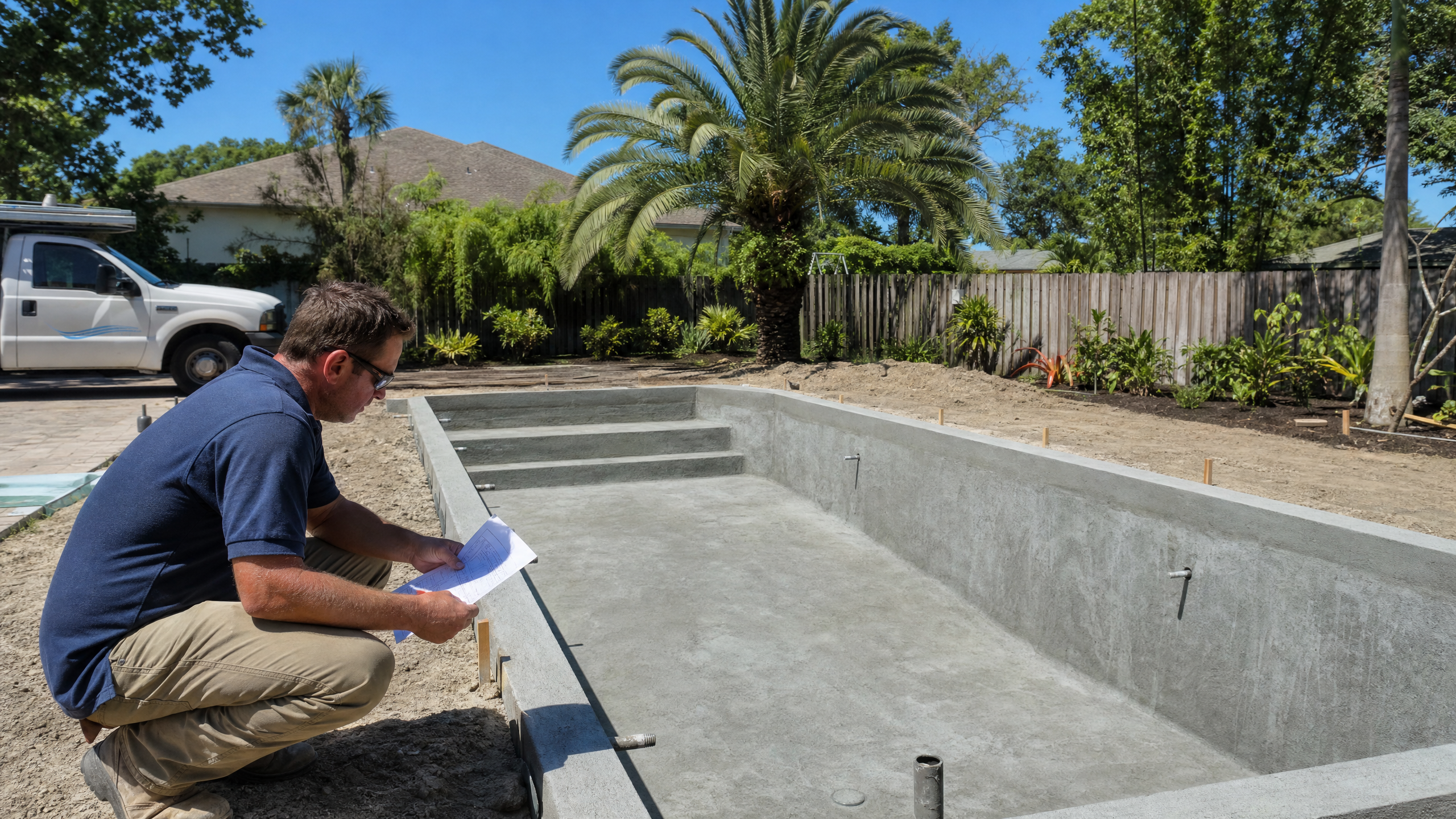 Pool under construction in Florida backyard — pool contractor bookkeeping services