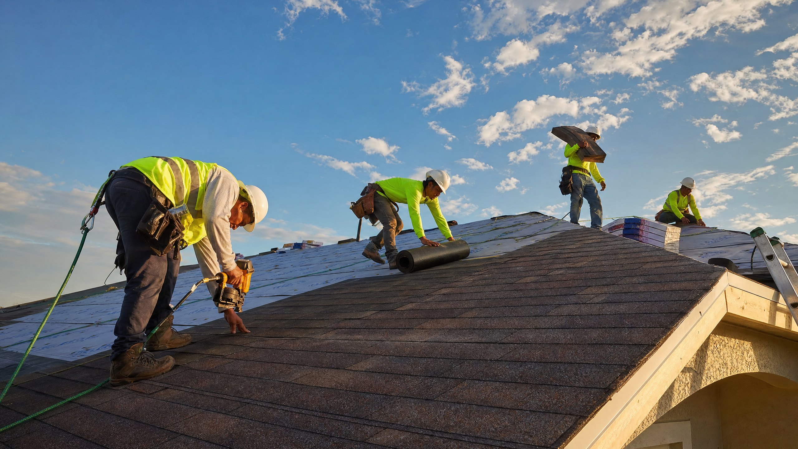 Roofing crew installing shingles on Florida residential roof